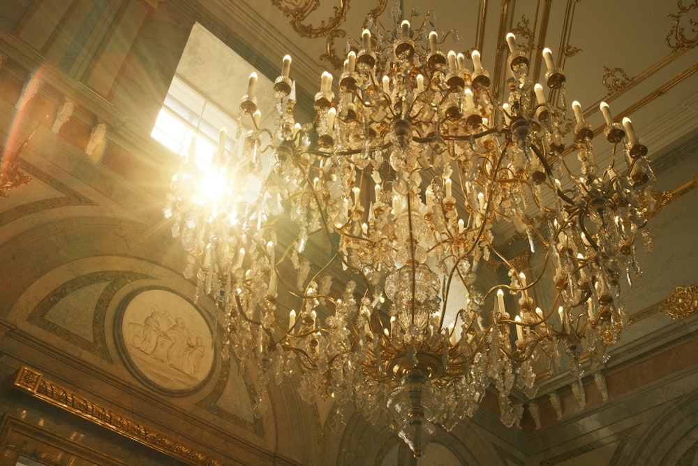 a chandelier hanging from the ceiling of a building