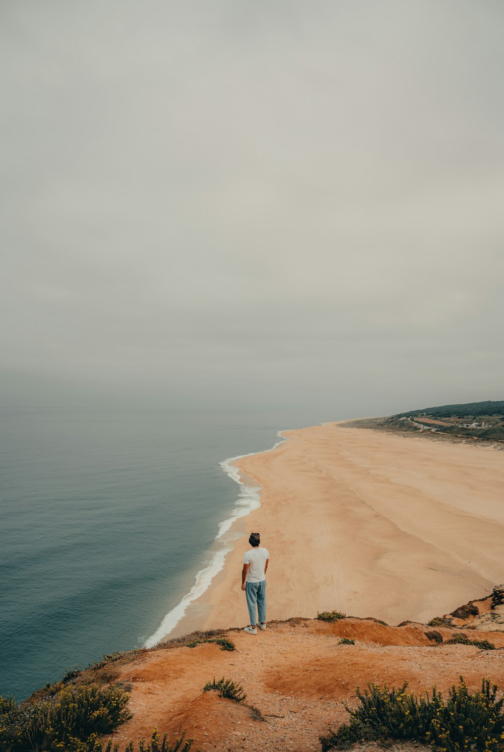 a man standing on top of a sandy beach next to the ocean