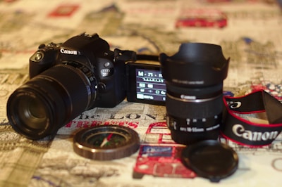 a camera and a lens sitting on a table