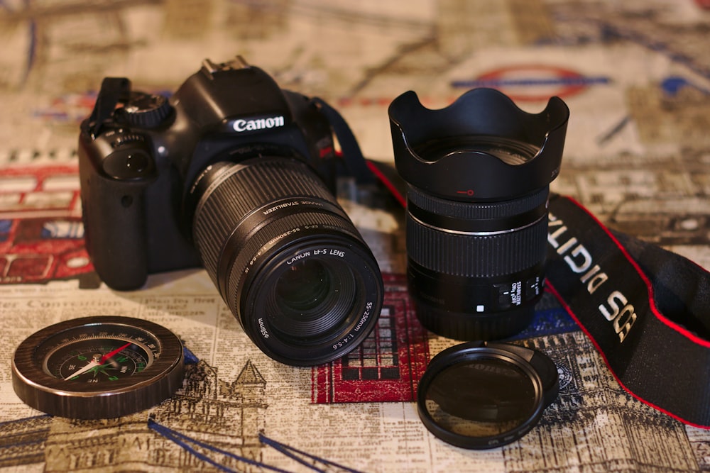 a camera and a lens sitting on top of a map