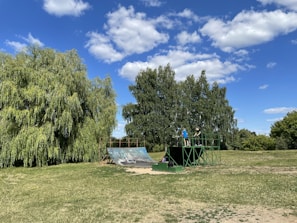 A vibrant outdoor scene with a skate ramp situated in a lush green park. Two people are standing on the ramp, surrounded by large, leafy trees under a bright blue sky dotted with fluffy white clouds.