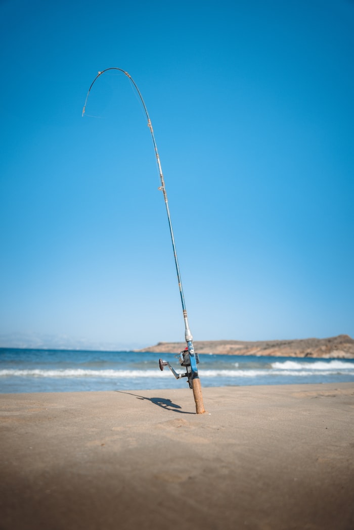 Surf fishing rod propped on sandy beach with the ocean in the background