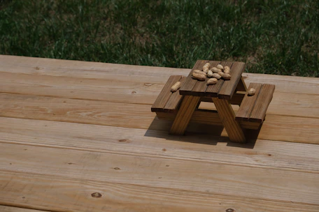 A rustic wooden table displaying artisanal roasted peanuts in small ceramic bowls with green pine accents.