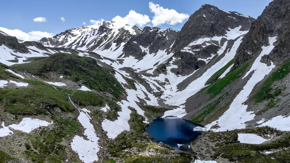 a lake surrounded by snow covered mountains under a blue sky