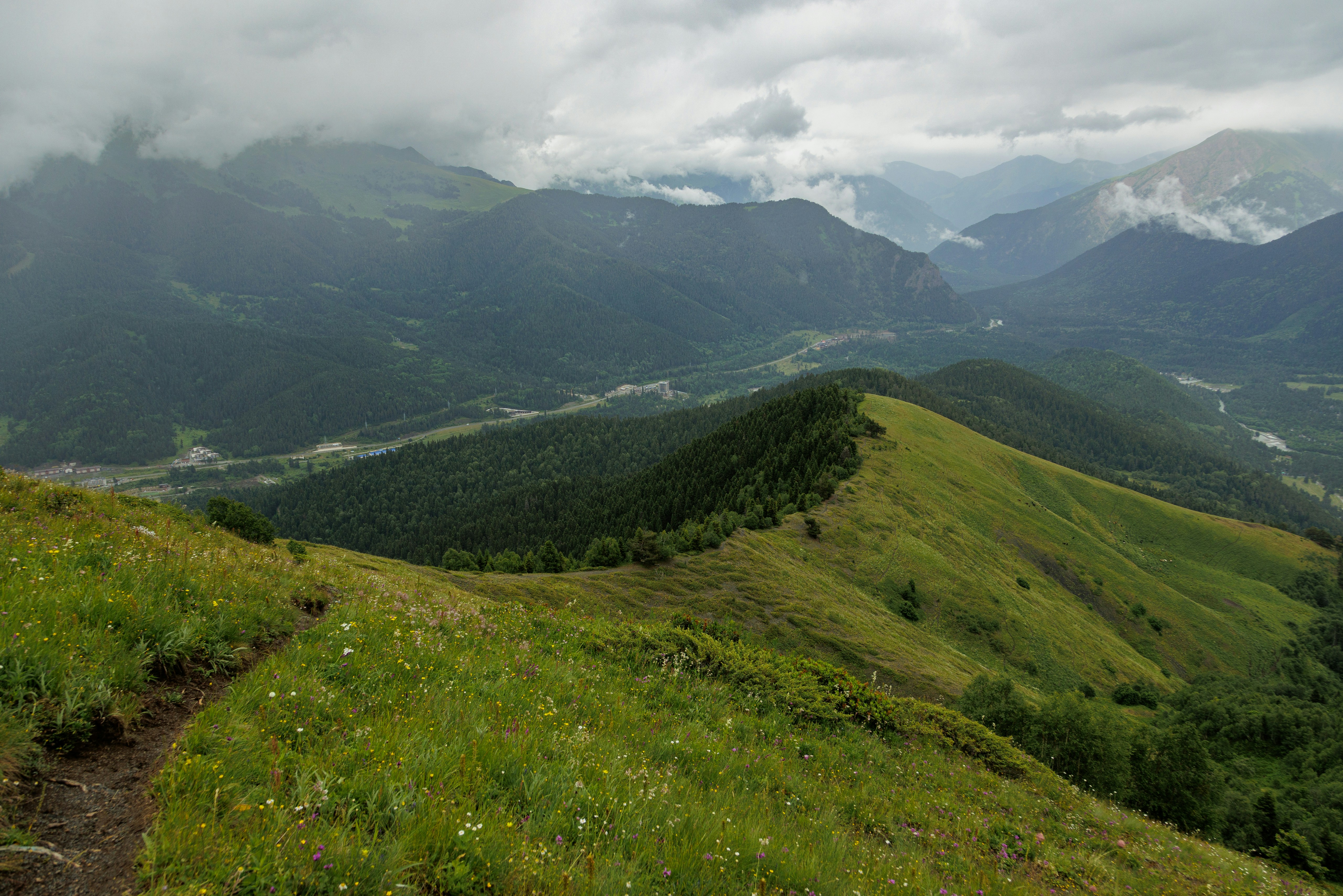 A view of a valley with mountains in the background photo – Free Forest ...