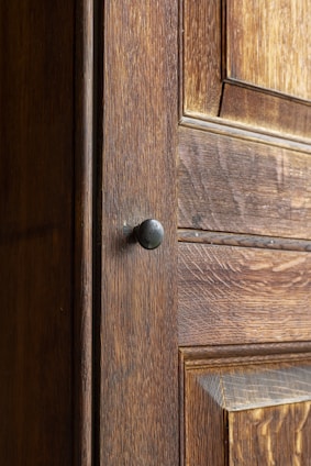 a close up of a door handle on a wooden door