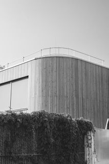 A modern building exterior with vertical wooden paneling and a rounded corner. The structure features large glass windows and a rooftop railing. In the foreground, dense foliage climbs a woven fence, adding a natural element to the scene. The image is captured in black and white, emphasizing the contrast and texture.
