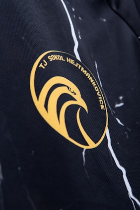 A close-up view of a sports logo on a fabric surface featuring an abstract eagle in a circular emblem. The logo includes the text 'TJ SOKOL HEJTMÁNKOVICE' in yellow against a dark background, with a pattern of white harlequin-like lines.