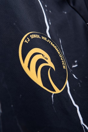 A close-up view of a sports logo on a fabric surface featuring an abstract eagle in a circular emblem. The logo includes the text 'TJ SOKOL HEJTM&Aacute;NKOVICE' in yellow against a dark background, with a pattern of white harlequin-like lines.