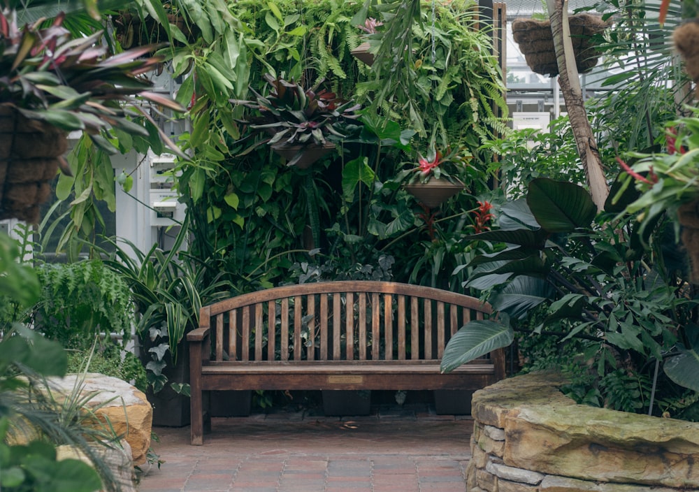 a wooden bench sitting in the middle of a garden