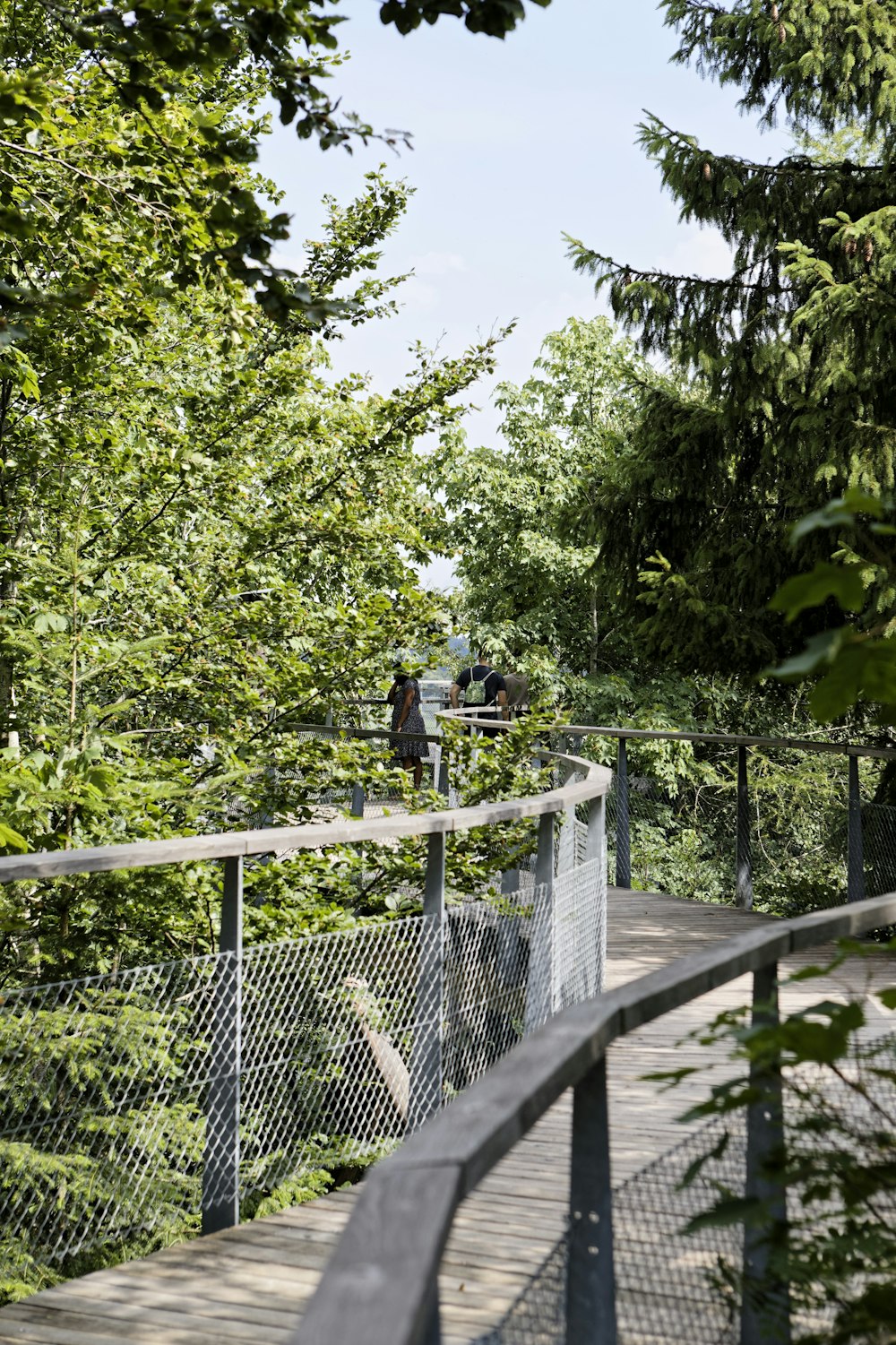 a man riding a skateboard across a wooden bridge