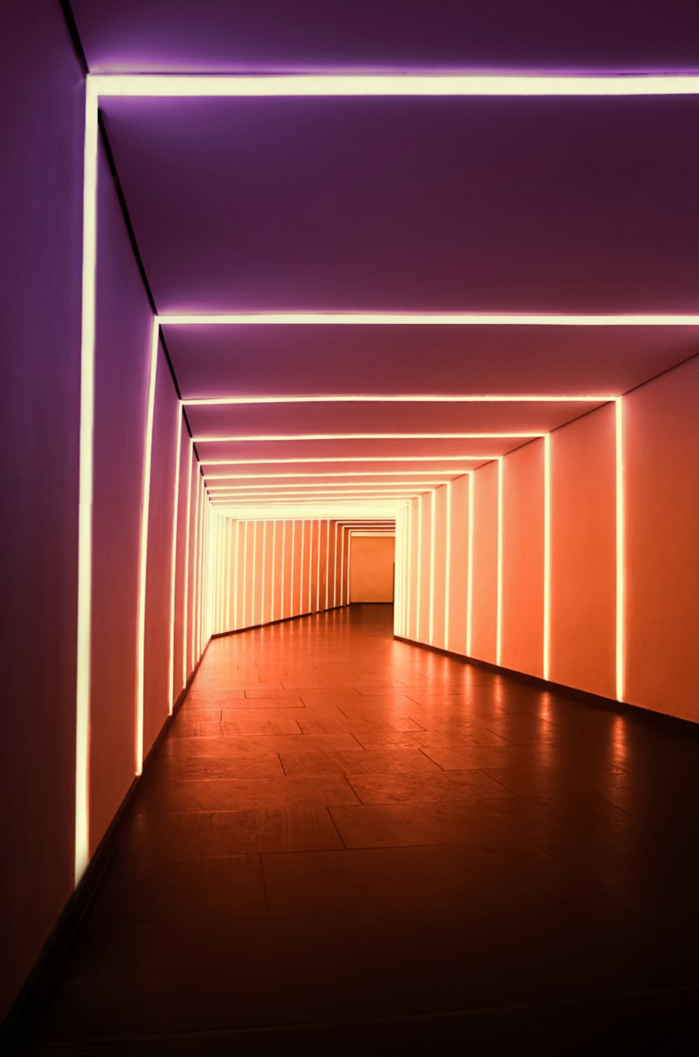 Un largo pasillo con muchas luces