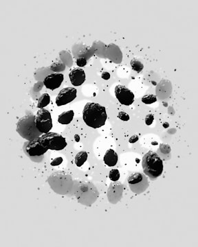 A collection of black stones or asteroids scattered across a light gray background, creating a floating or suspended effect. The stones vary in size and are irregularly shaped, casting subtle shadows that add depth to the composition.