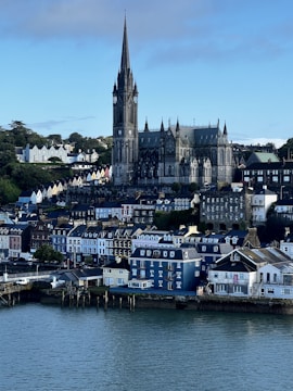 A picturesque coastal town with a prominent gothic cathedral featuring a tall spire. Rows of colorful houses line the waterfront, creating a vibrant and charming scene. The architecture of the buildings shows a mix of classic and traditional styles, with some greenery visible in the background.