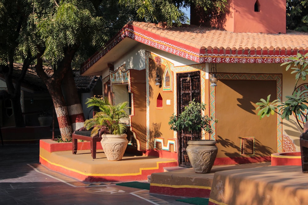 a house with a lot of potted plants in front of it