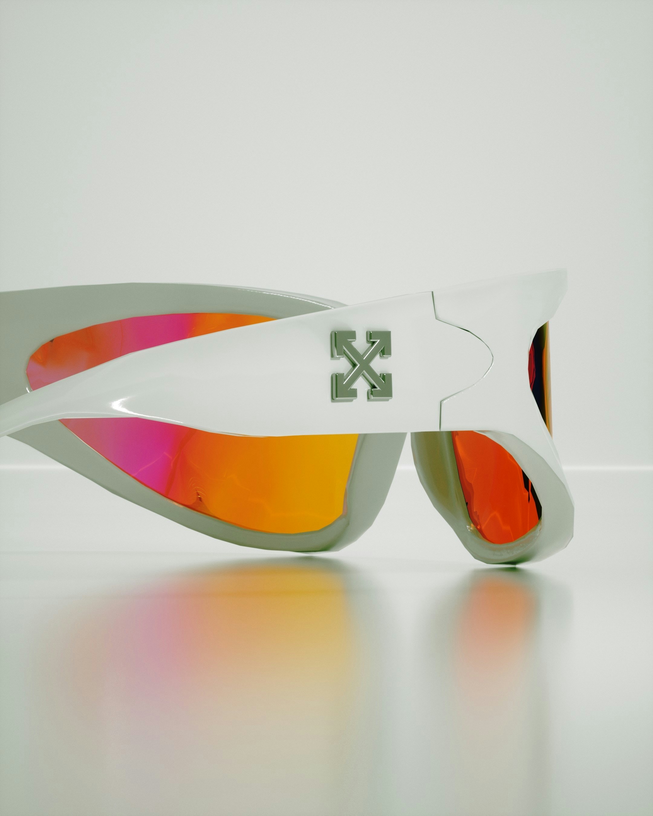 a pair of white sunglasses with red mirrored lenses