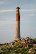 A tall, cylindrical stone chimney rises against a clear sky, standing on a grassy hill dotted with rocks and pink wildflowers. The structure is made of bricks in the upper section and stone in the lower section.