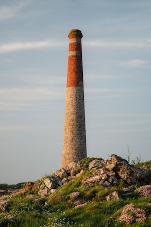 A tall, cylindrical stone chimney rises against a clear sky, standing on a grassy hill dotted with rocks and pink wildflowers. The structure is made of bricks in the upper section and stone in the lower section.