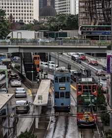 A bustling urban scene showing diverse transport modes coordinated by d-libre technology.