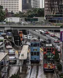 A bustling urban scene showing diverse transport modes coordinated by d-libre technology.