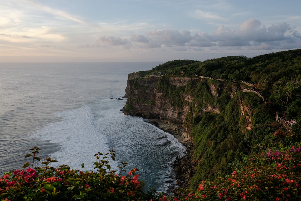 a scenic view of the ocean and a cliff