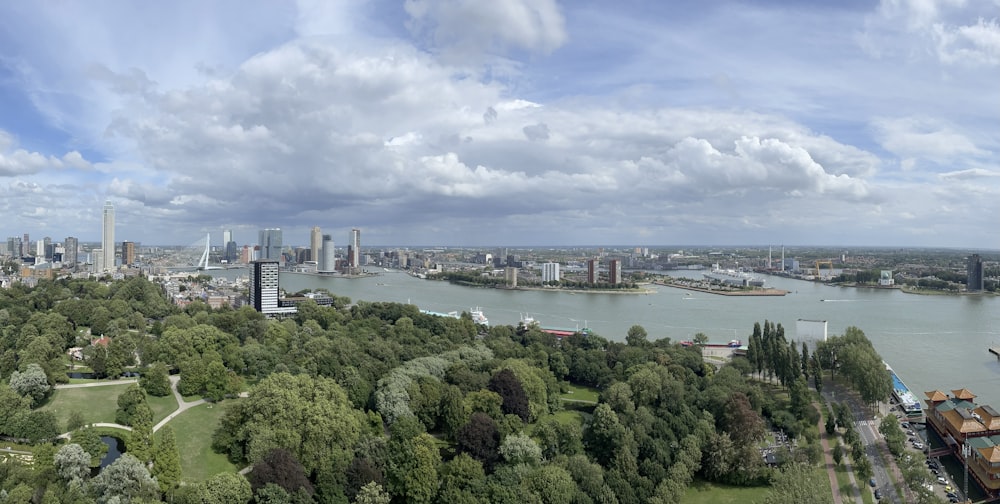 an aerial view of a city and a river