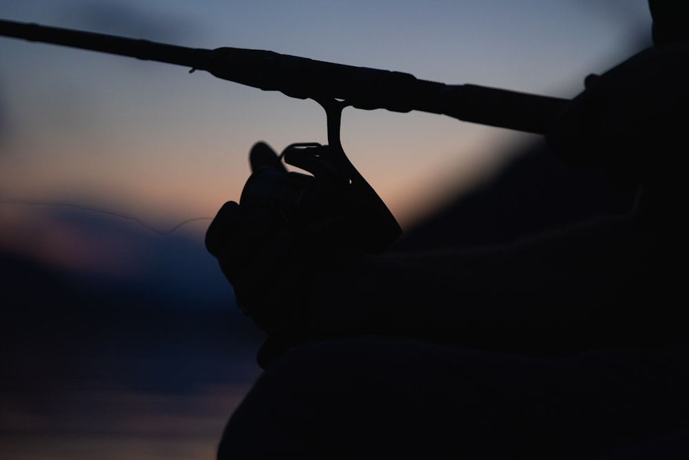 a person holding a fishing rod at sunset