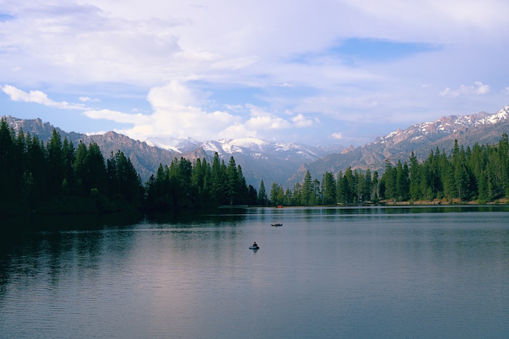 a lake surrounded by trees and mountains under a cloudy sky