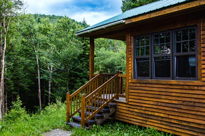 Modern wooden cabin kit assembled in a lush forest setting