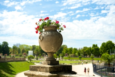 A stone urn filled with vibrant red flowers is placed on a pedestal, set against a lush garden background. In the distance, people are walking along a pathway, and the sky is vast and partly cloudy.