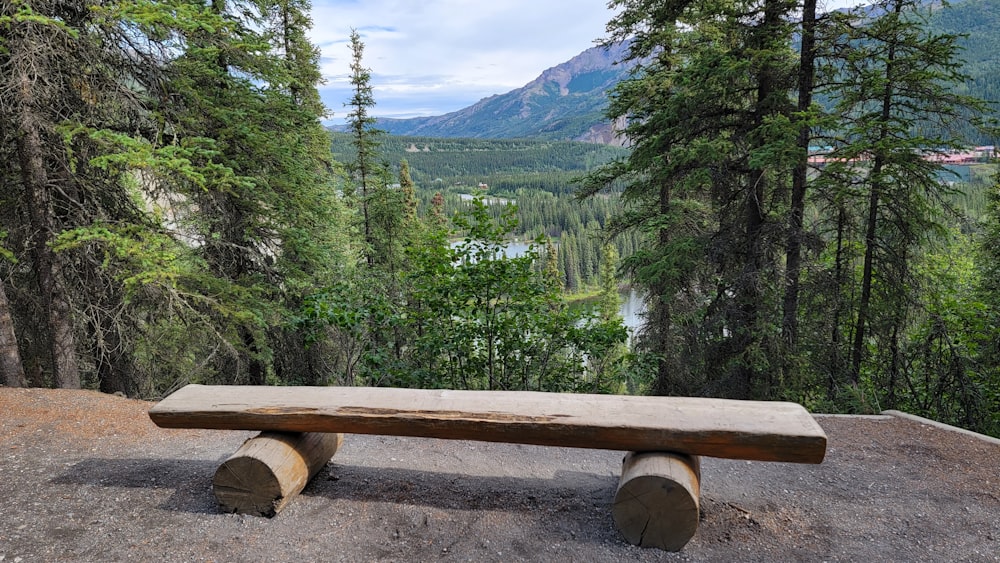 a wooden bench sitting on top of a dirt field