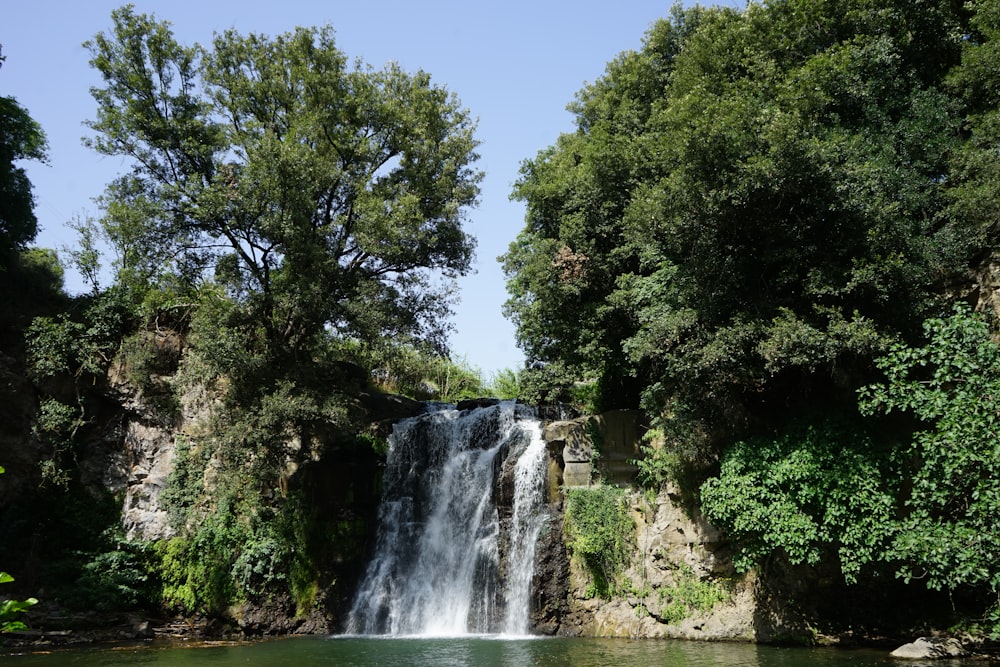 a large waterfall in the middle of a forest