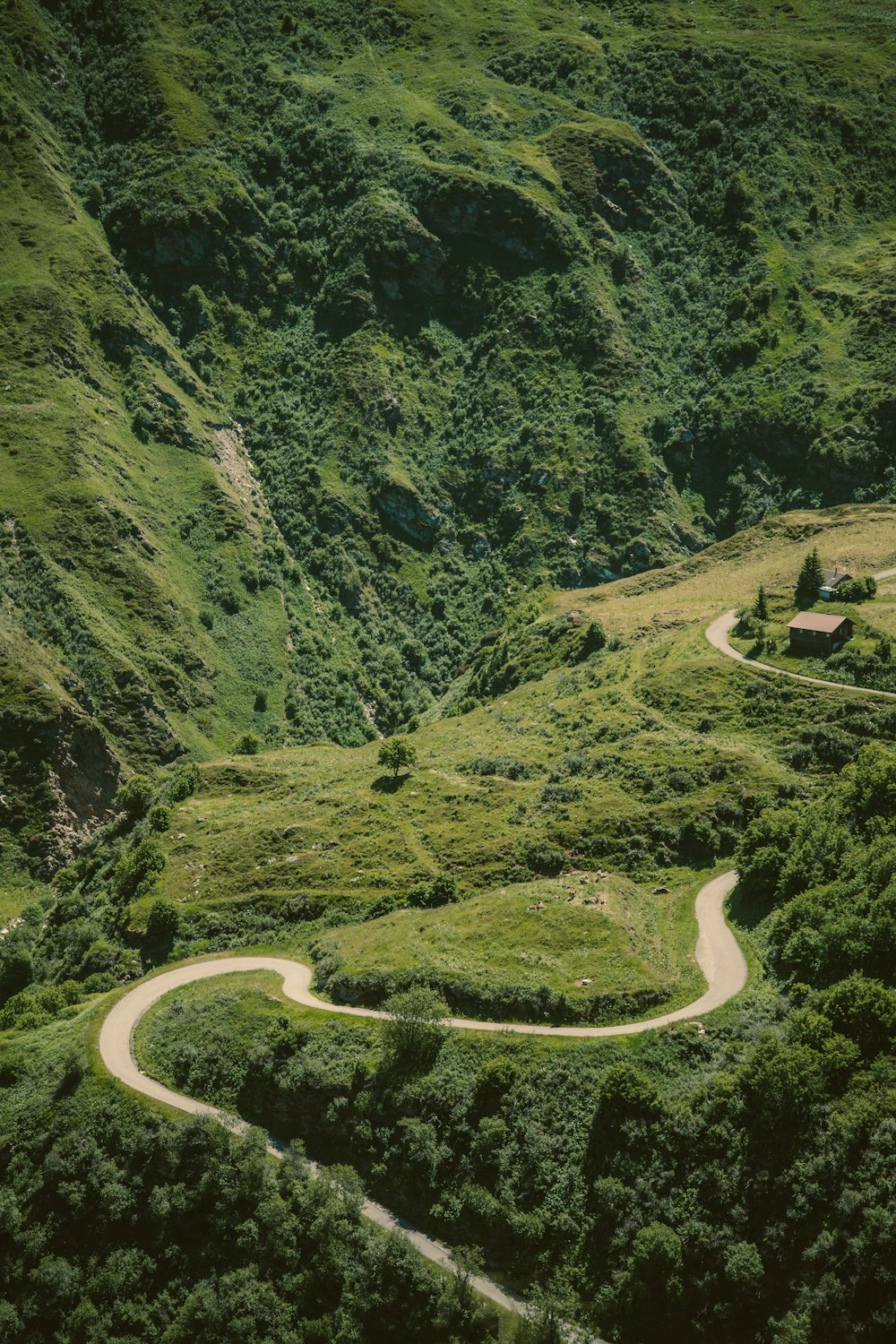 a winding road in the middle of a lush green valley