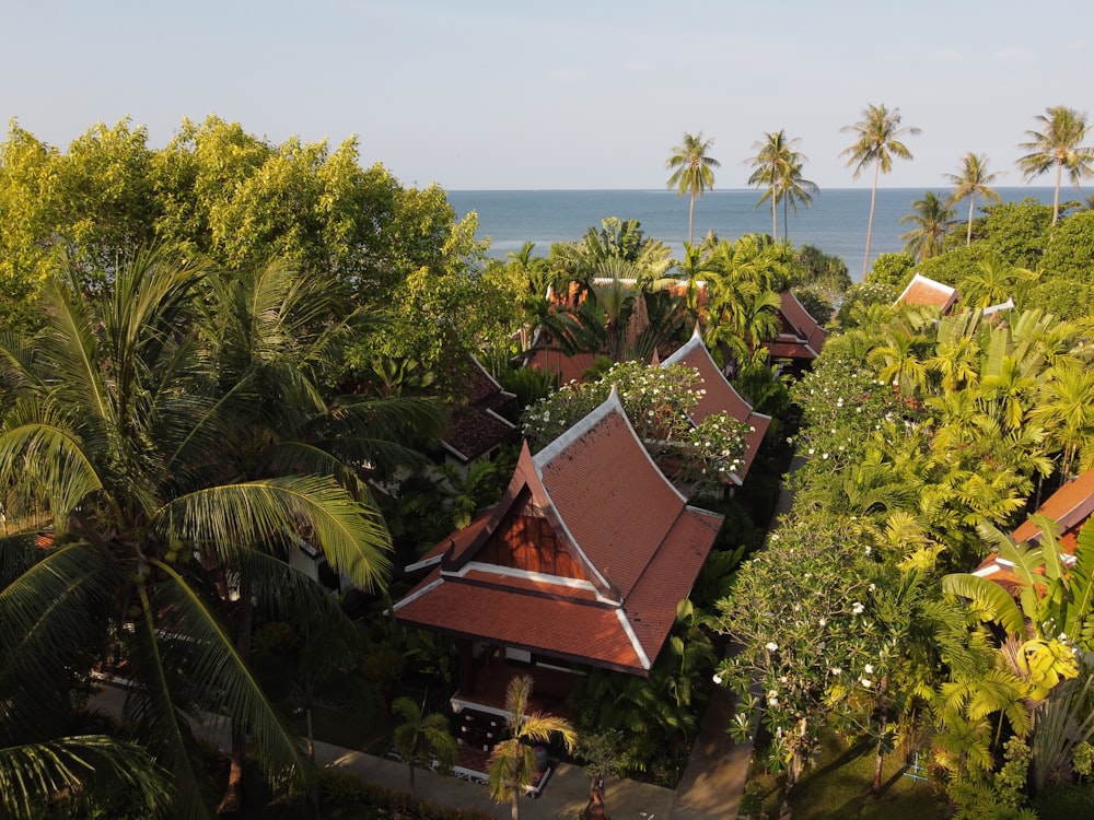 an aerial view of a house surrounded by trees