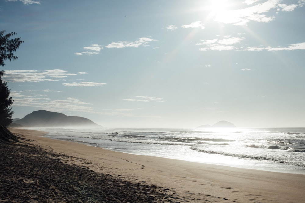 the sun shines brightly on a sandy beach