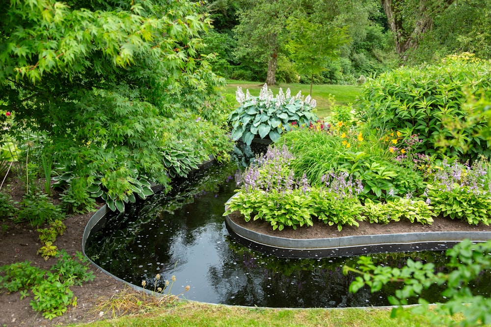 a garden with a pond surrounded by trees
