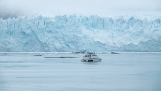 A large glacier towers over a body of water with a tourist boat in the foreground. The glacier is vast, rugged, and has a light blue hue. The sky is overcast, adding to the cold, icy atmosphere.