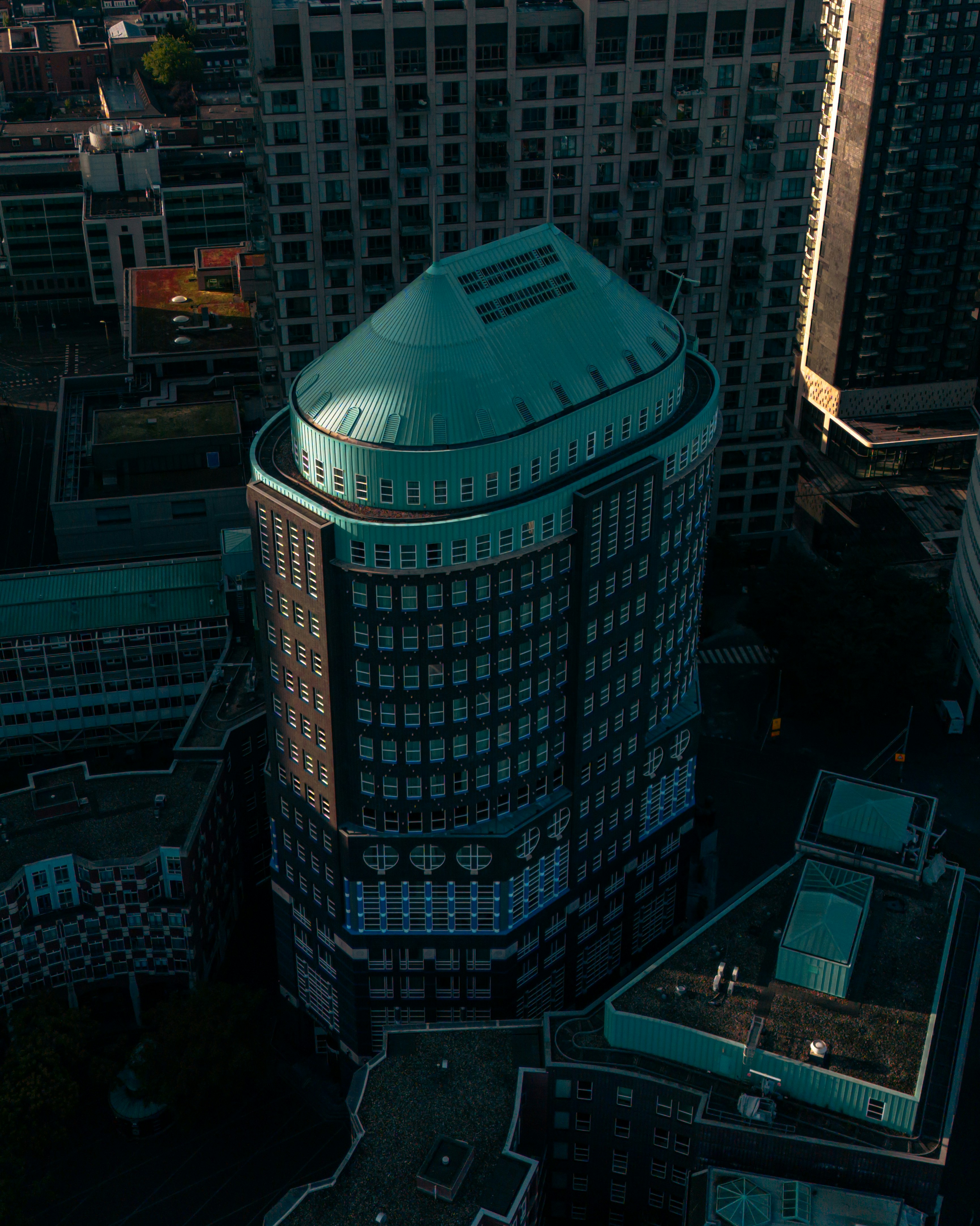 an aerial view of a building in a city
