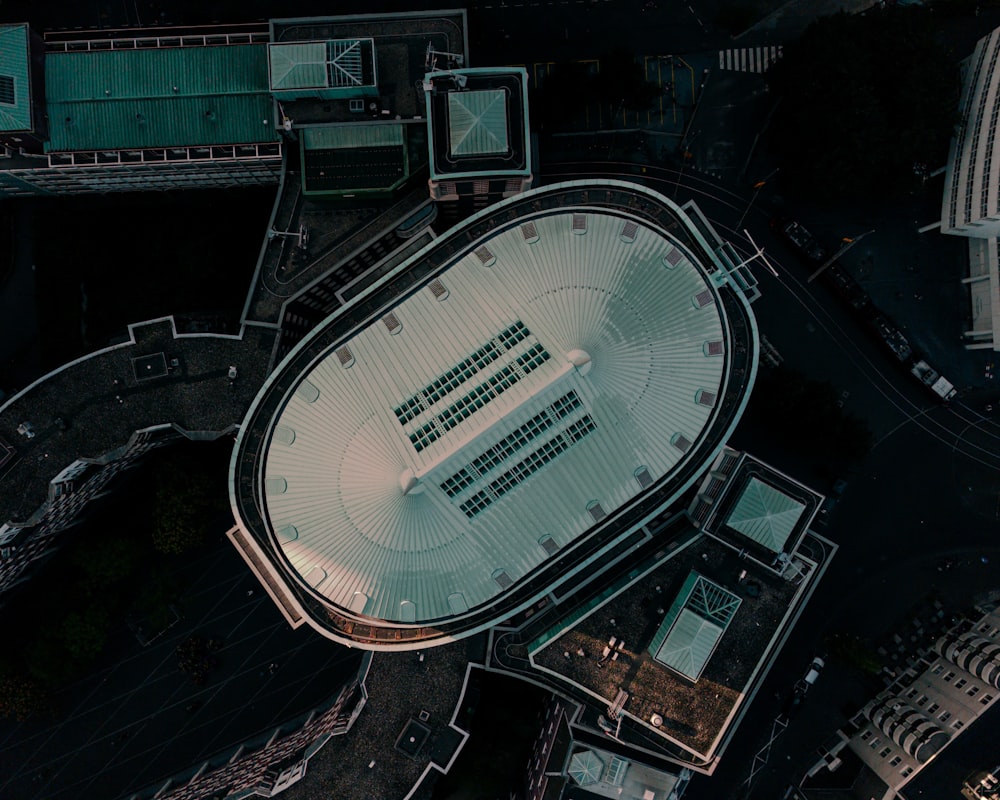 an aerial view of a building in a city