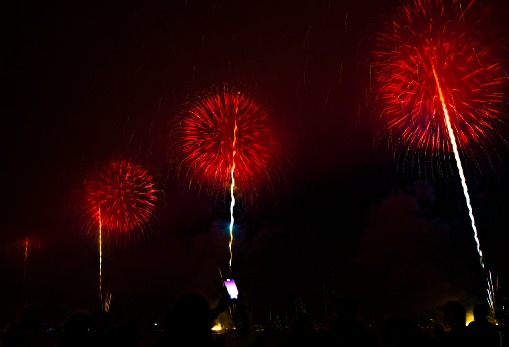 a group of people watching fireworks in the night sky