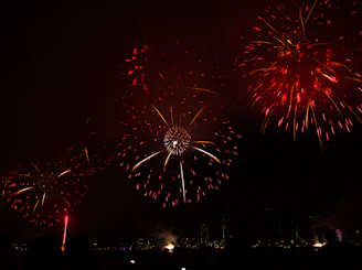 A vibrant burst of colorful fireworks lighting up the night sky over a cityscape during ignisaura's grand opening celebration.