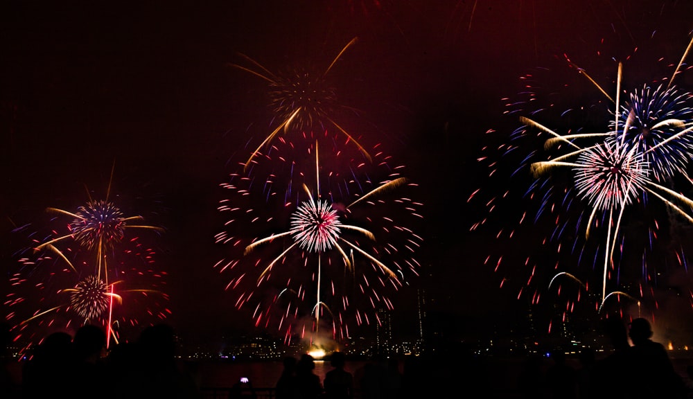 a group of people standing next to each other watching fireworks