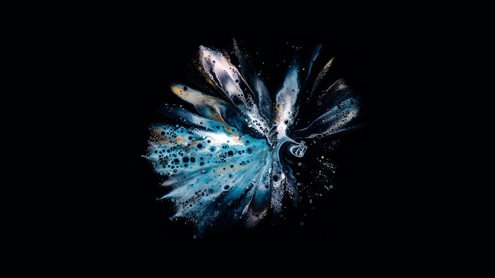 a blue and white flower on a black background