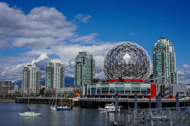 a view of a city with a large ball on top of it