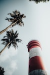a red and white lighthouse with palm trees in the background