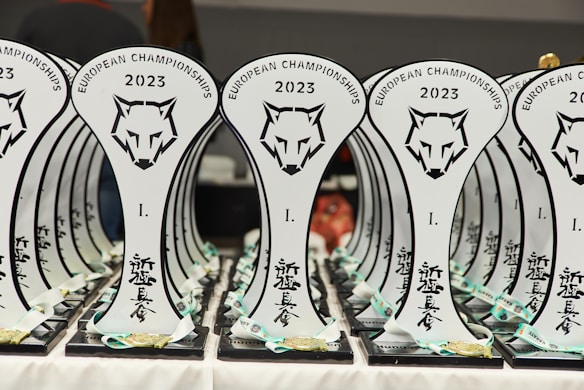 A collection of trophies with a stylized wolf head logo and the text 'European Championships 2023' displayed prominently. The trophies are arranged in neat rows, with a focus on the unique design and inscriptions in a foreign script. Each trophy is placed on a black base, and there are ribbons and medals attached at the bottom.