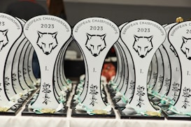 A collection of trophies with a stylized wolf head logo and the text 'European Championships 2023' displayed prominently. The trophies are arranged in neat rows, with a focus on the unique design and inscriptions in a foreign script. Each trophy is placed on a black base, and there are ribbons and medals attached at the bottom.