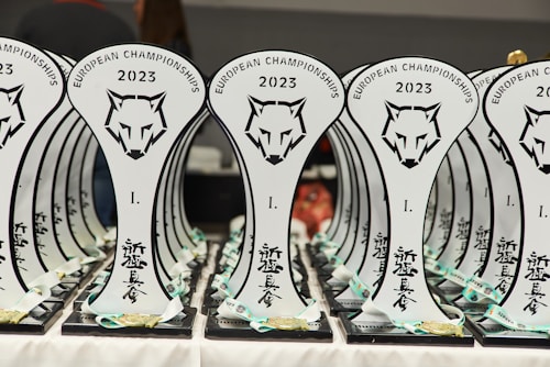 A collection of trophies with a stylized wolf head logo and the text 'European Championships 2023' displayed prominently. The trophies are arranged in neat rows, with a focus on the unique design and inscriptions in a foreign script. Each trophy is placed on a black base, and there are ribbons and medals attached at the bottom.