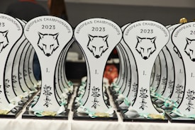 A collection of trophies with a stylized wolf head logo and the text 'European Championships 2023' displayed prominently. The trophies are arranged in neat rows, with a focus on the unique design and inscriptions in a foreign script. Each trophy is placed on a black base, and there are ribbons and medals attached at the bottom.