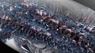 An intricate and abstract digital art piece featuring swirling, crystalline structures with a metallic sheen. The design is complex, resembling a fusion of mechanical and organic elements that create a sense of depth and movement.